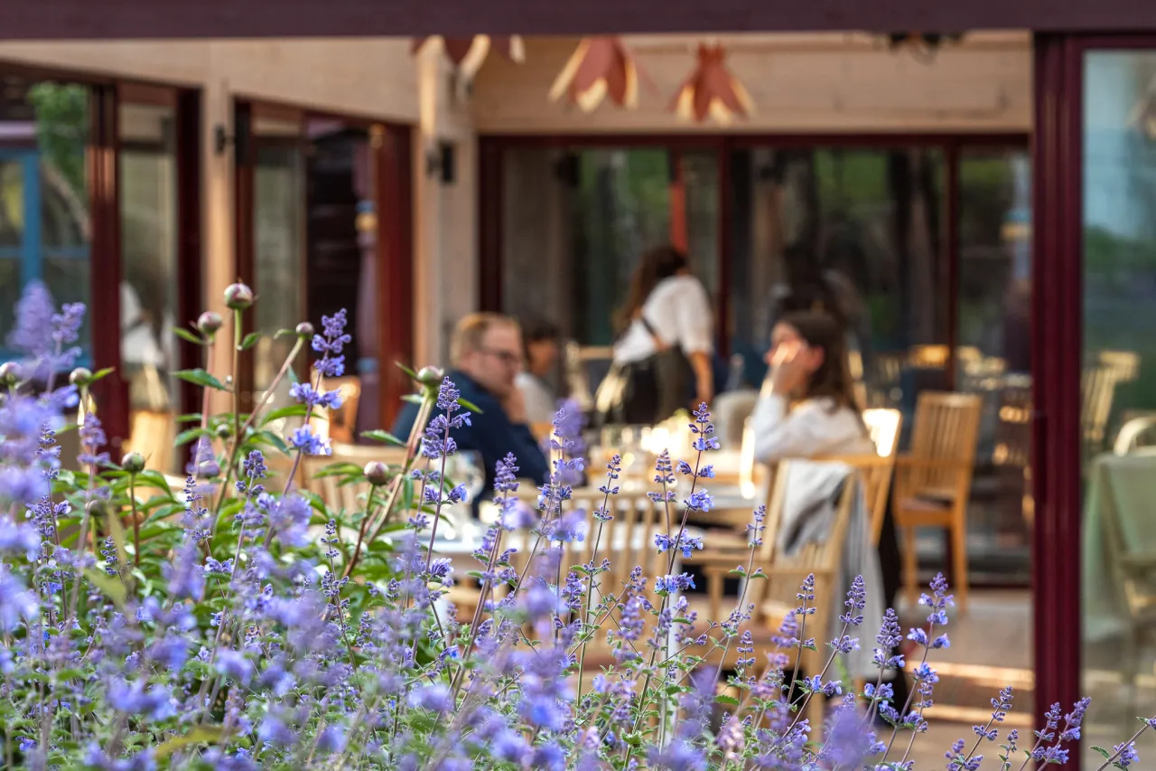 Par på Restaurang Klockargården med lila blommor i förgrunden.