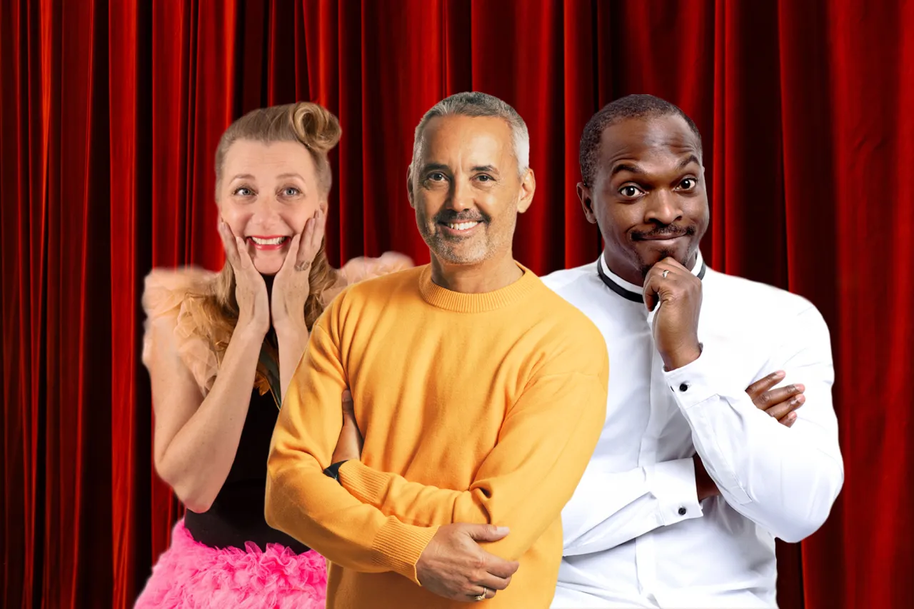 Komikerna Elina Du Rietz, Hasse Brontén och Kodjo Akolor. 